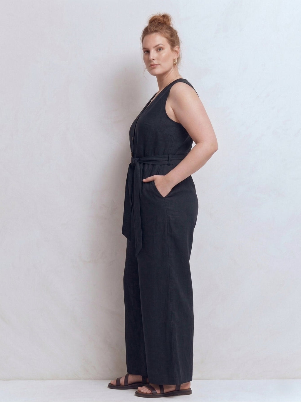 Plus Size Women's Linen Elegant Pocket Jumpsuit With Belted