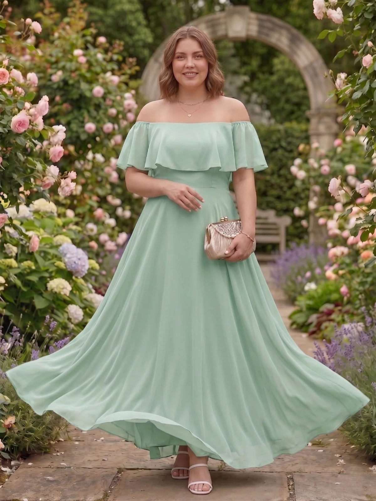 Larui Plus-Size Elegant Off-Shoulder Chiffon Dress