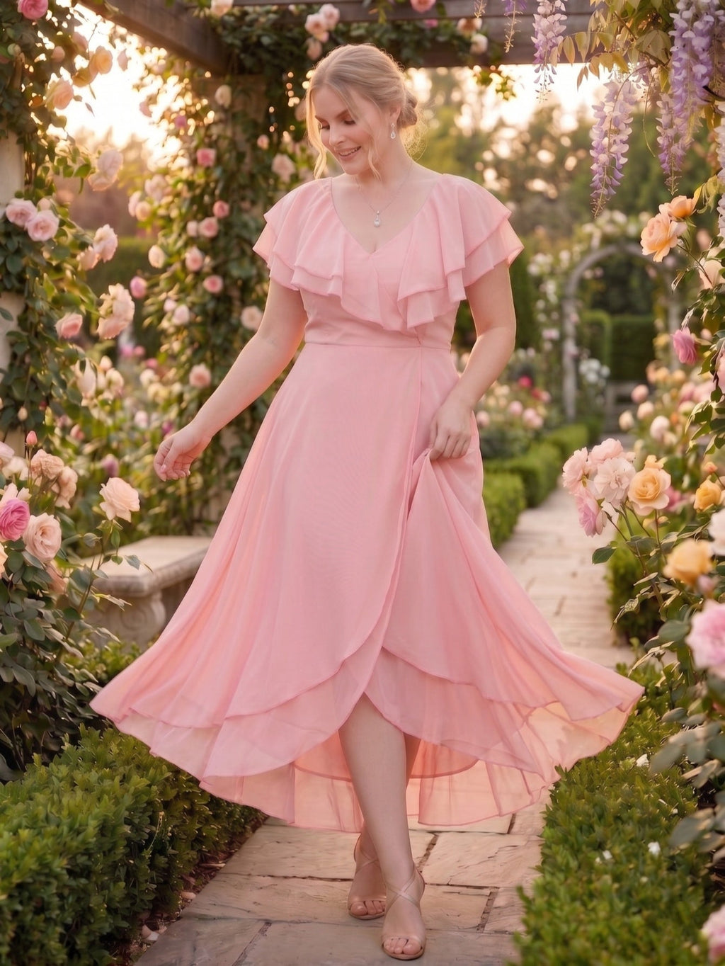 Larui Plus Size Women's Ruffle Sleeve Chiffon Dress