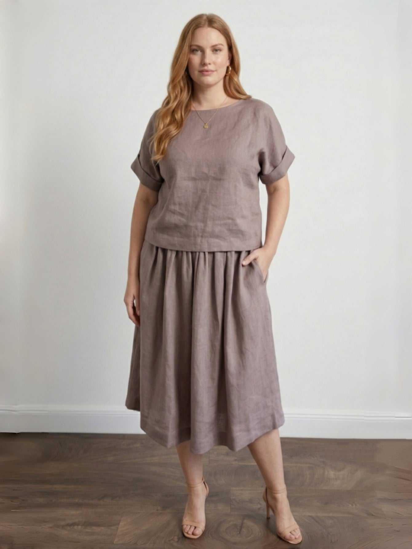 Larui Plus Size Women's Linen Short Sleeves Blouse And Skirt 2Pcs Sets