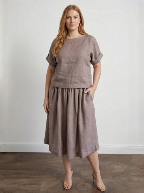 Larui Plus Size Women's Linen Short Sleeves Blouse And Skirt 2Pcs Sets