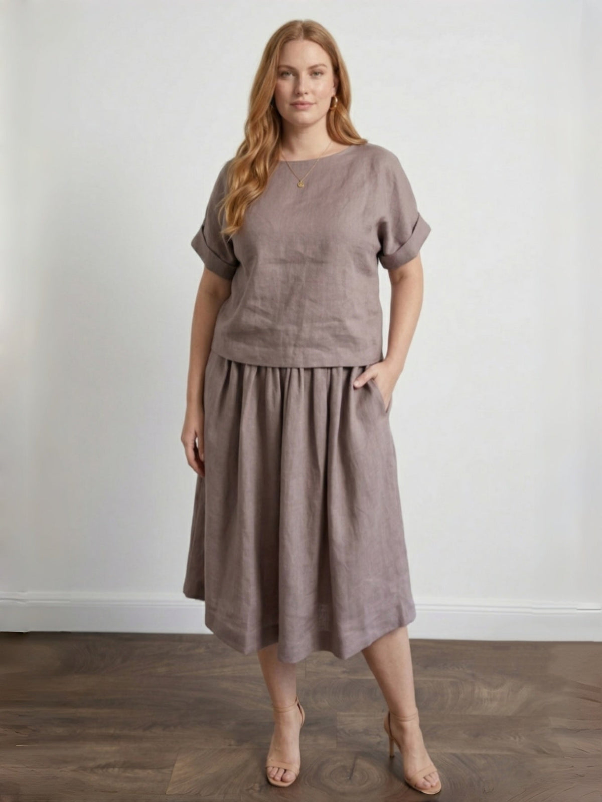 Larui Plus Size Women's Linen Short Sleeves Blouse And Skirt 2Pcs Sets