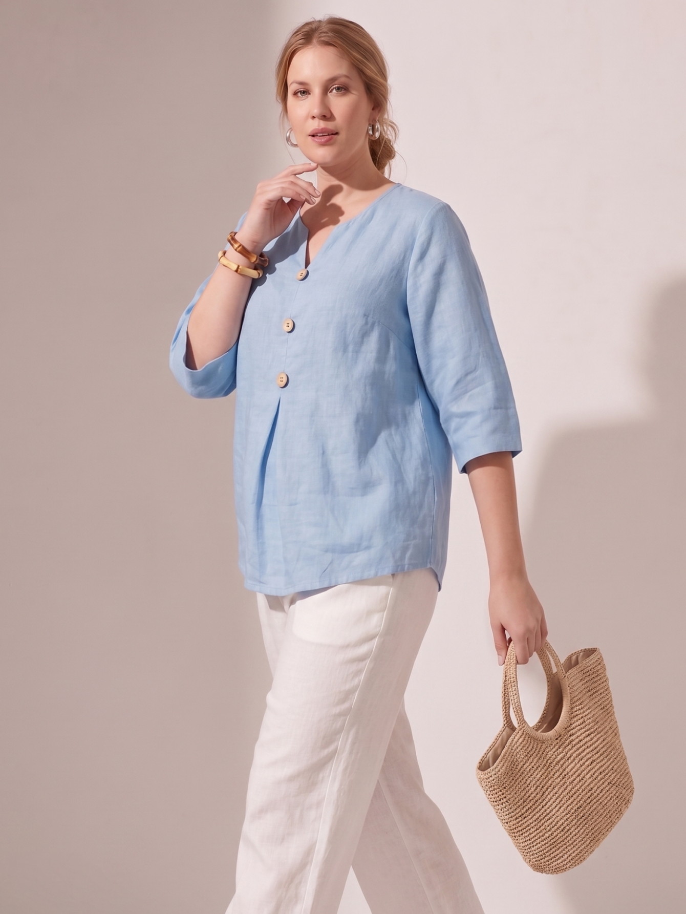 Larui Women's Plus-Size Linen V-Neck 3/4 Sleeve Top
