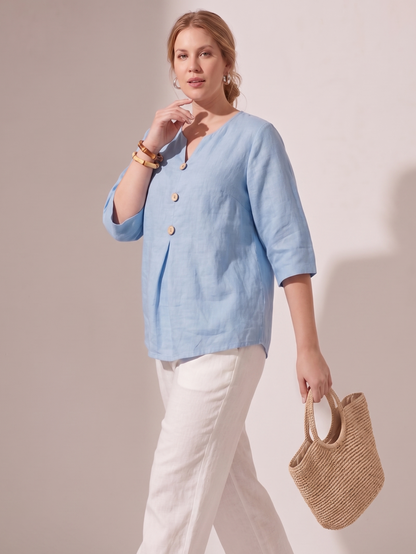 Larui Women's Plus-Size Linen V-Neck 3/4 Sleeve Top