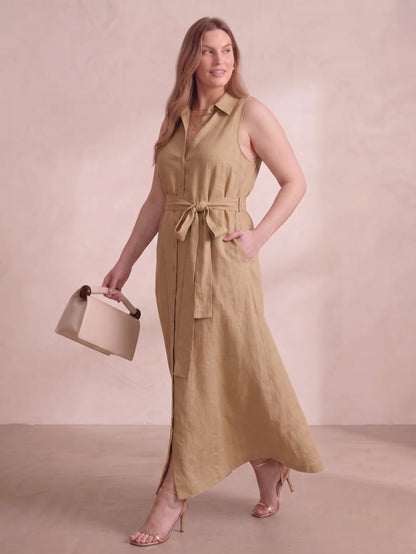 Larui Plus Size Women's Sleeveless Collared Linen Dress with Belt