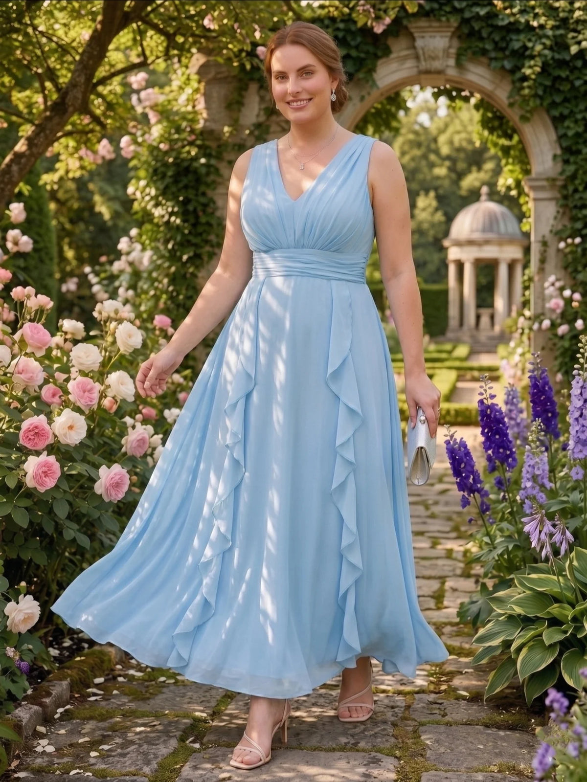 Larui Plus-Size Women's Ruffled Chiffon Dress