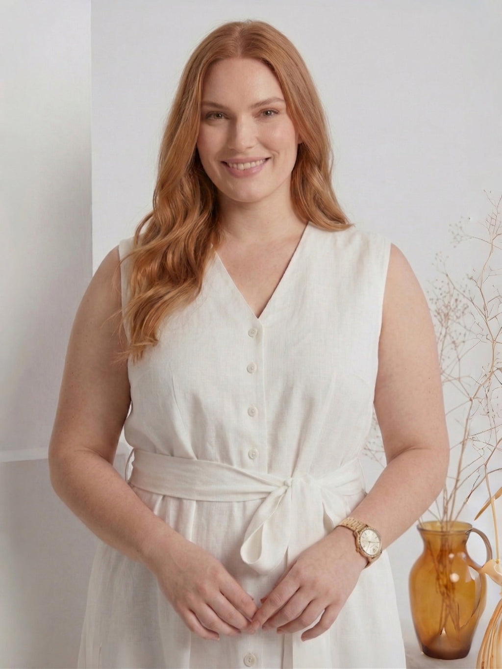 Larui Plus Size Women's Linen V-Neck Dress With Belted