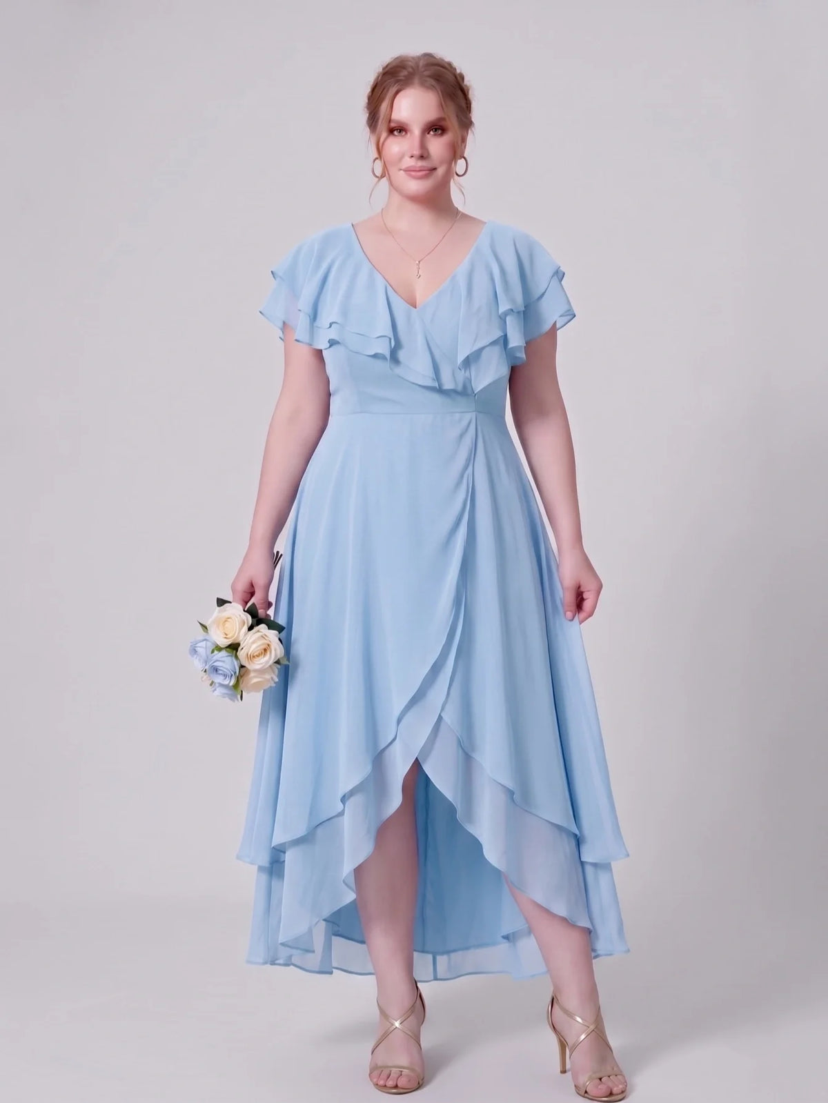 Larui Plus Size Women's Ruffle Sleeve Chiffon Dress