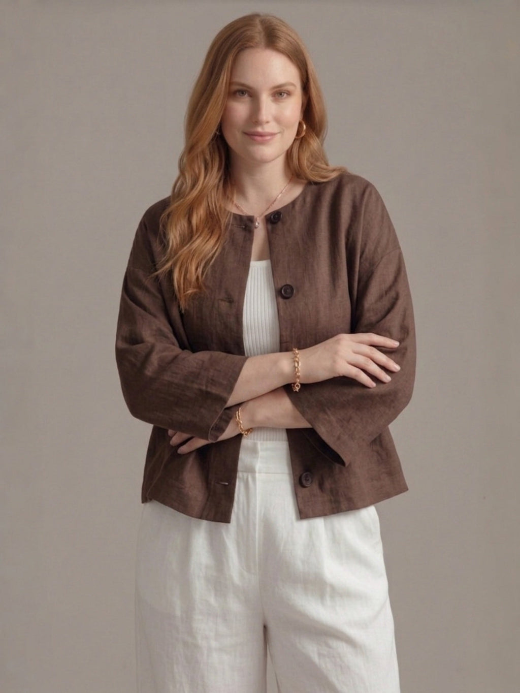 Larui Plus Size Women's Minimalist Linen Cropped Jacket