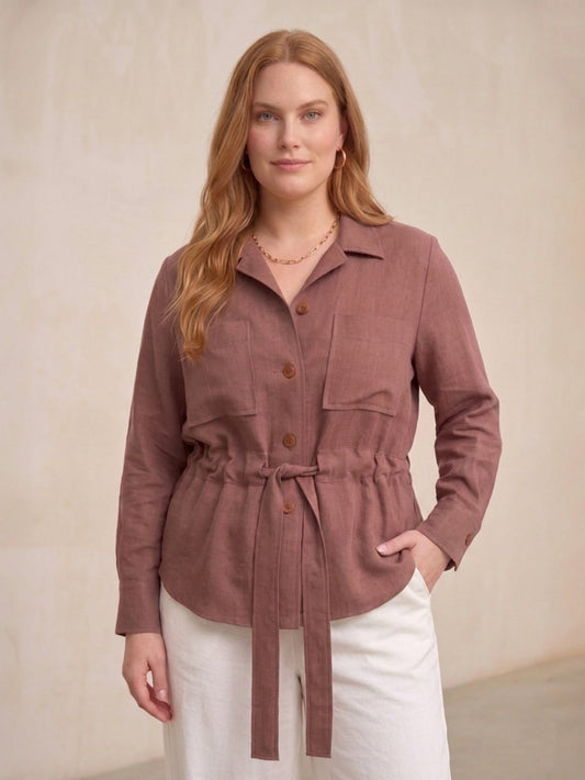 Larui Plus Size Women's Linen Pocket Belted Blouse