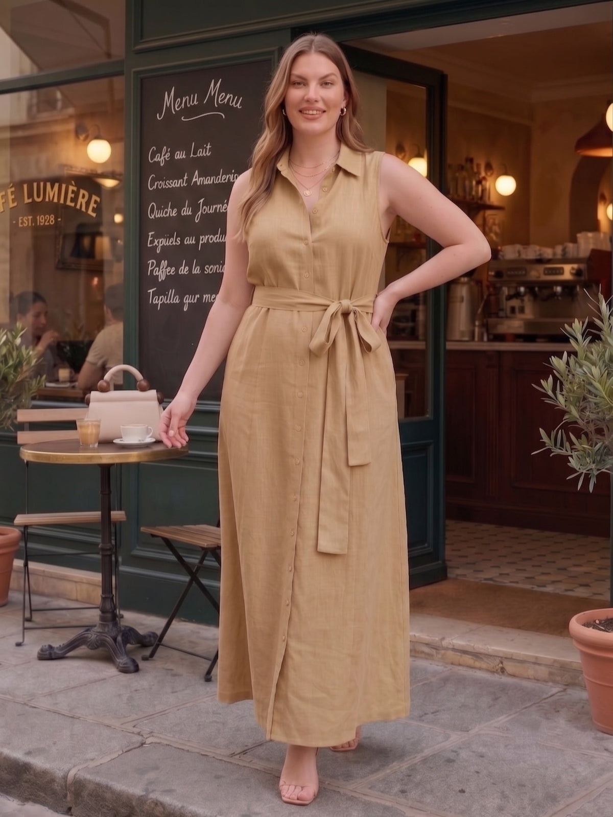 Larui Plus Size Women's Sleeveless Collared Linen Dress with Belt