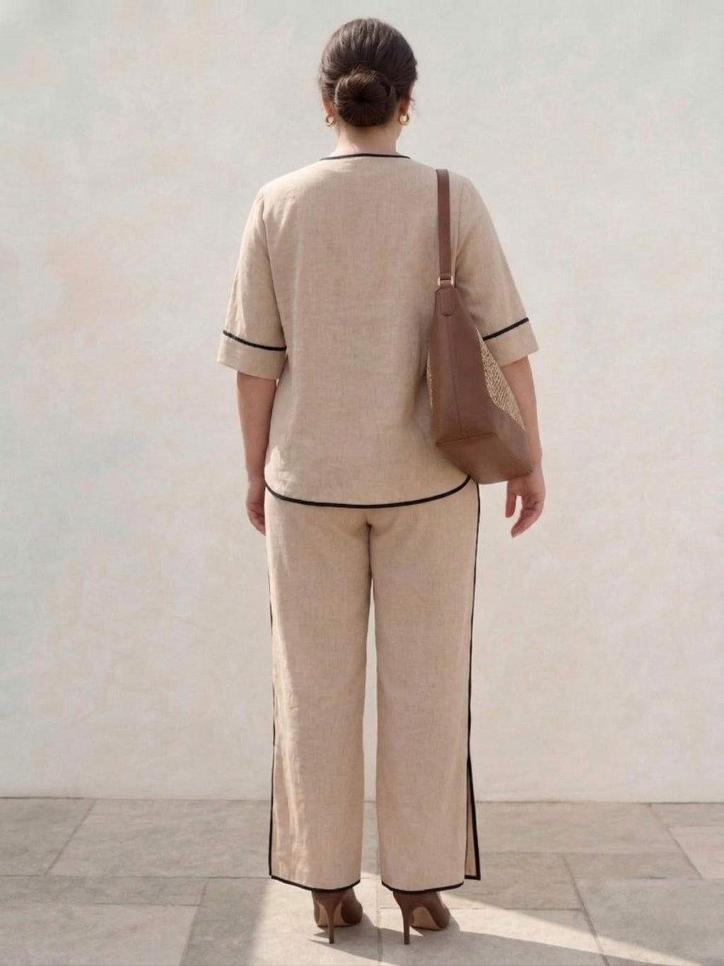 Larui Plus Size Women's Linen Blouse and Pants 2Pcs Sets