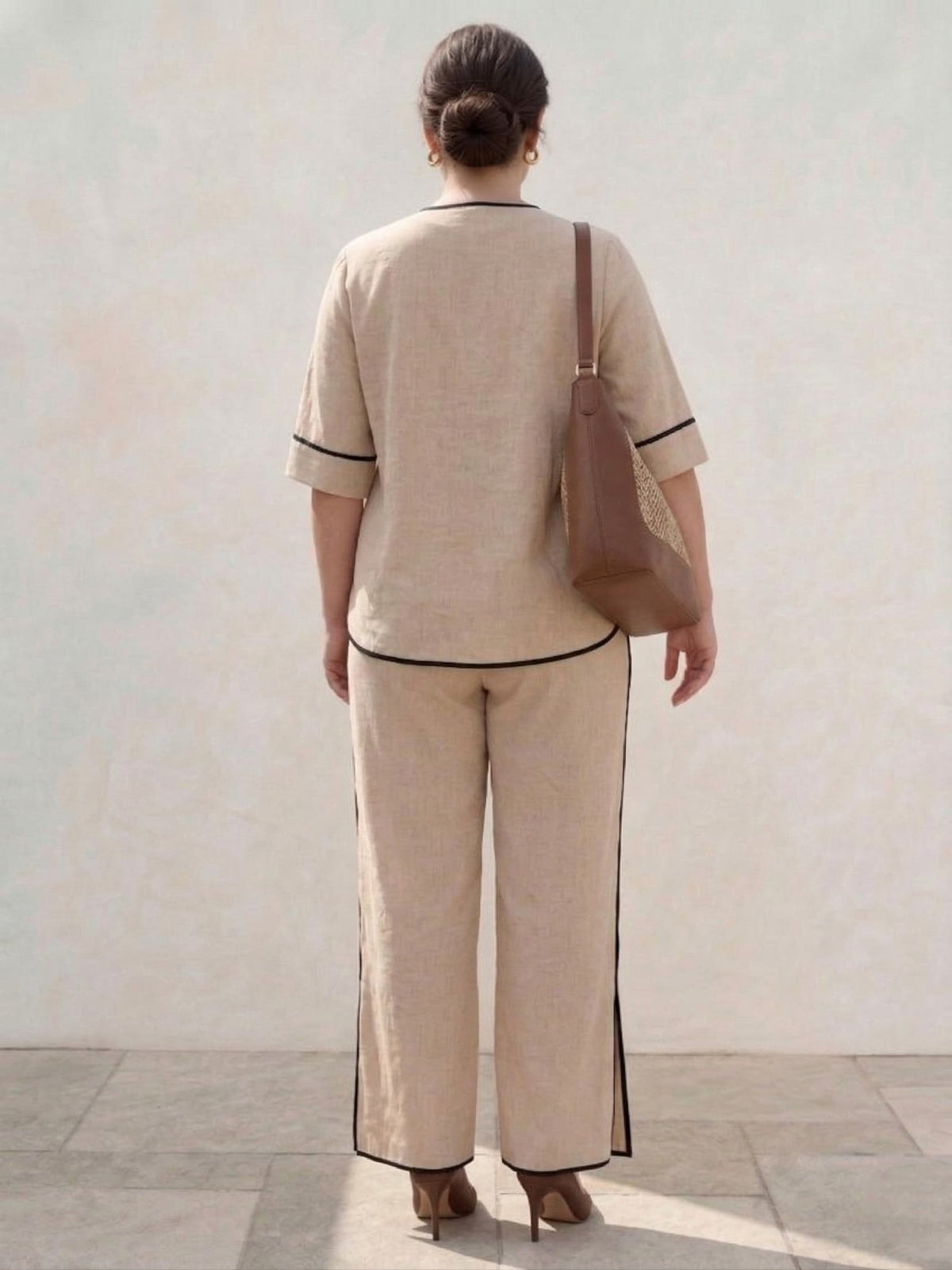 Larui Plus Size Women's Linen Blouse and Pants 2Pcs Sets