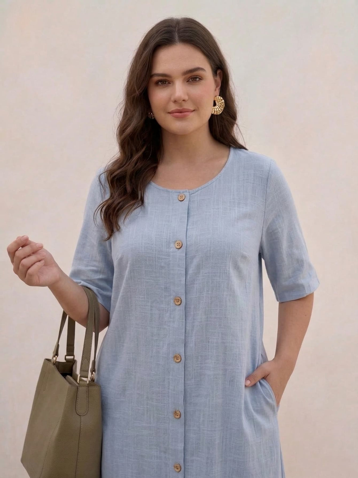 Larui Plus Size Women‘s Linen  Casual Short Sleeves Dress