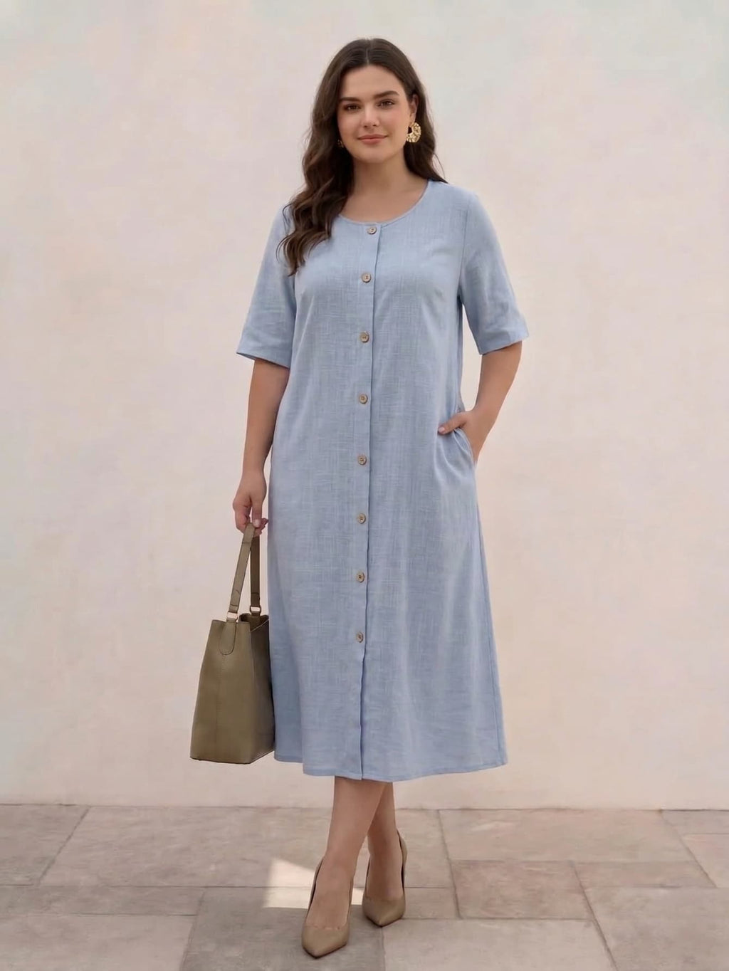 Larui Plus Size Women‘s Linen  Casual Short Sleeves Dress