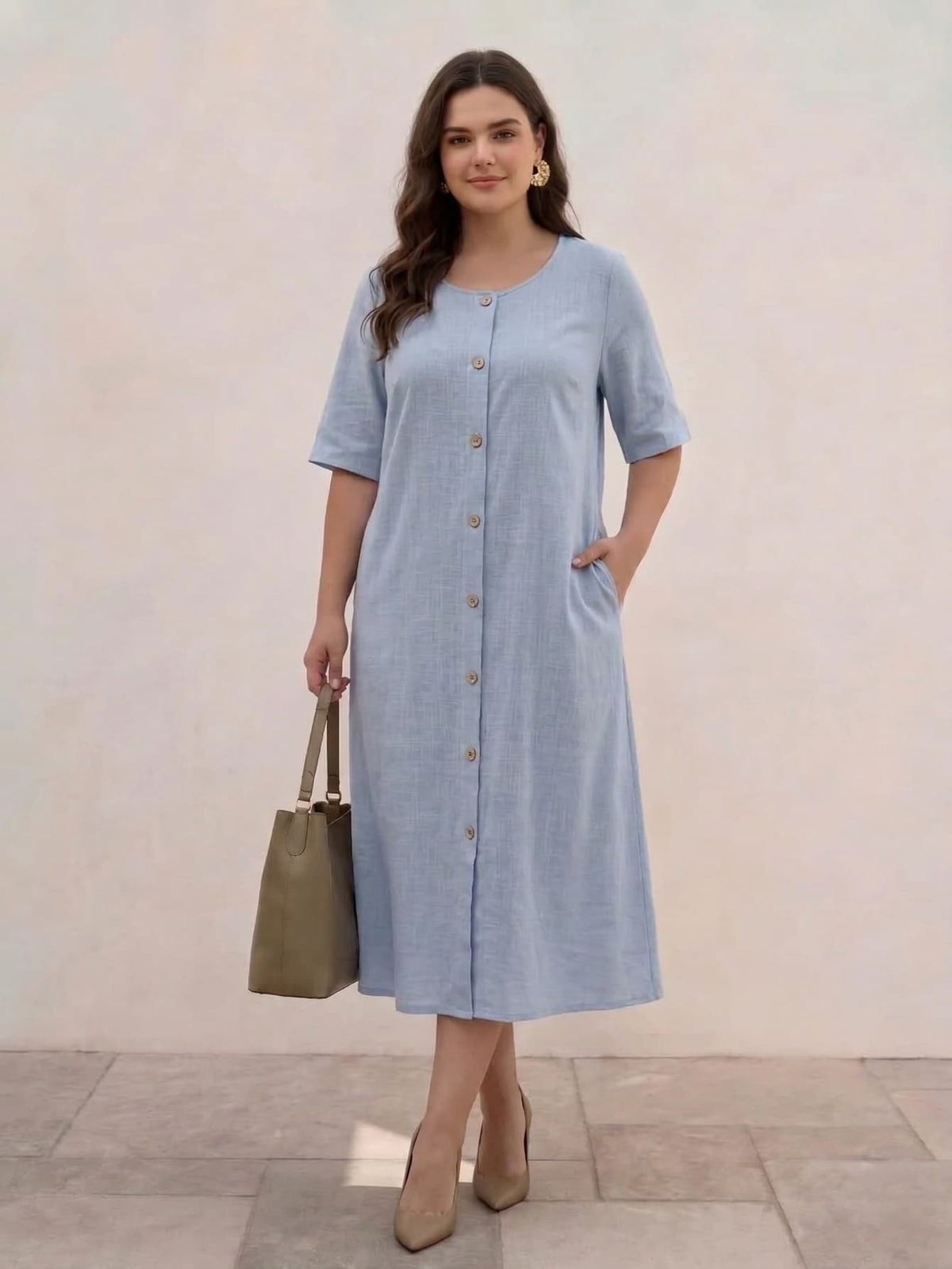 Larui Plus Size Women‘s Linen  Casual Short Sleeves Dress