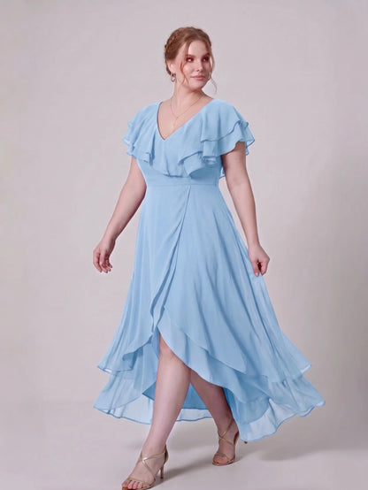 Larui Plus Size Women's Ruffle Sleeve Chiffon Dress