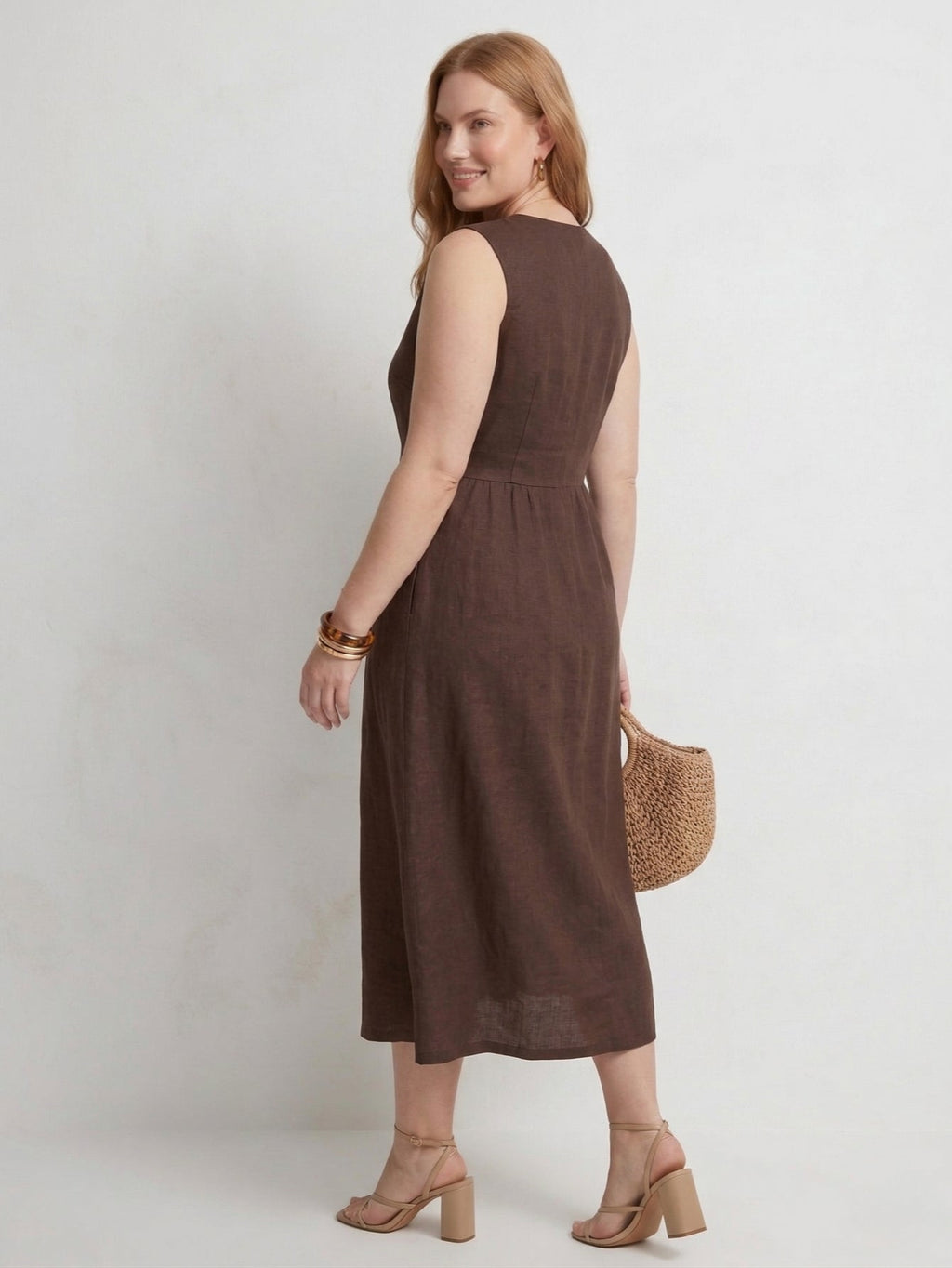 Larui Plus Size Women's Linen V-Neck Buttons Dress