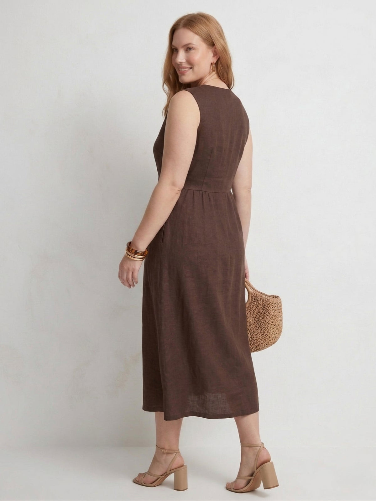 Larui Plus Size Women's Linen V-Neck Buttons Dress