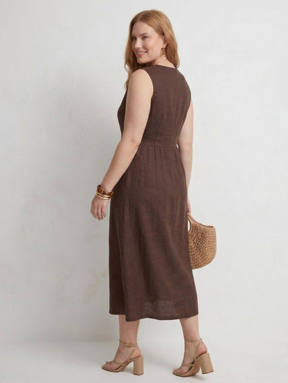 Larui Plus Size Women's Linen V-Neck Buttons Dress