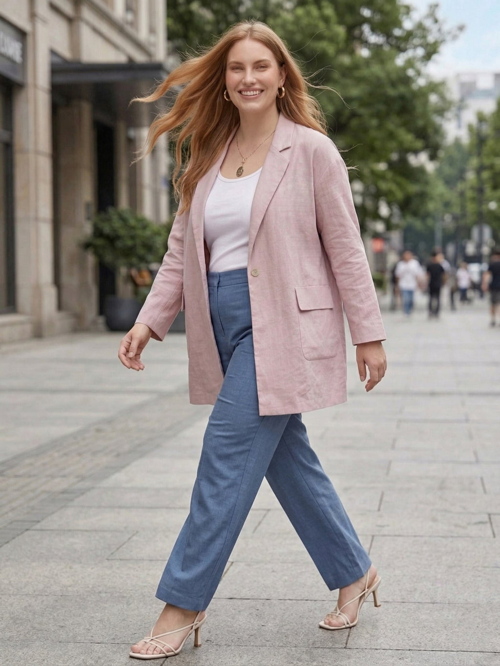 Larui Plus Size Women's Linen Pocket Blazer