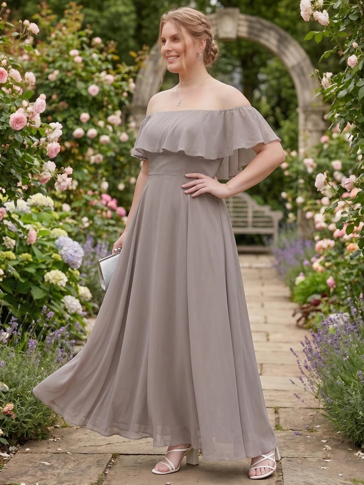 Larui Plus-Size Elegant Off-Shoulder Chiffon Dress