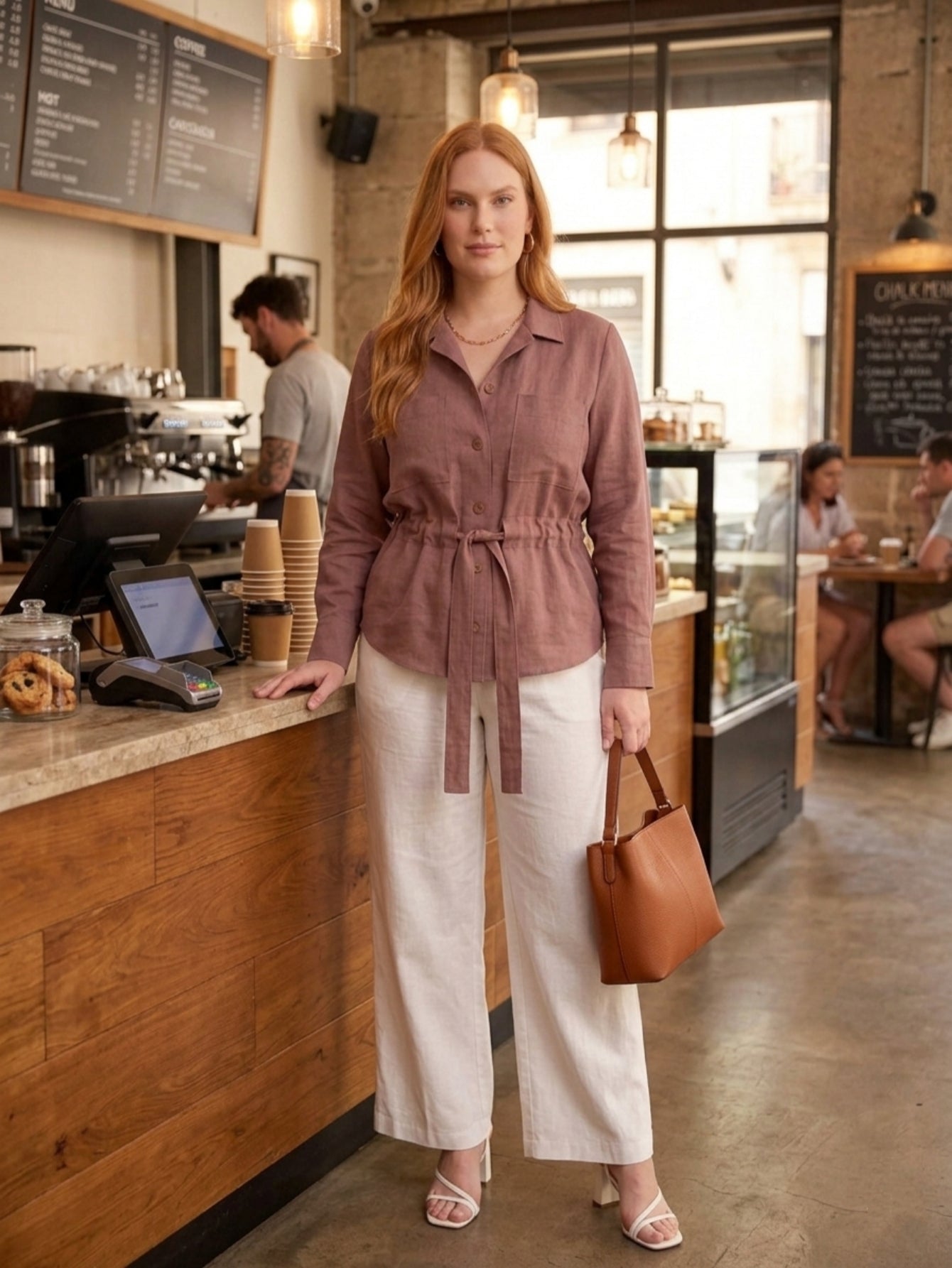 Larui Plus Size Women's Linen Pocket Belted Blouse