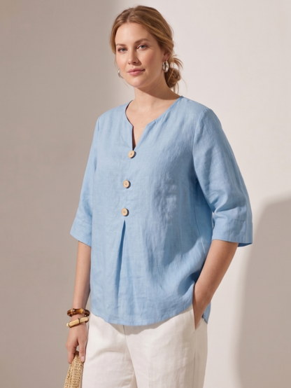 Larui Women's Plus-Size Linen V-Neck 3/4 Sleeve Top