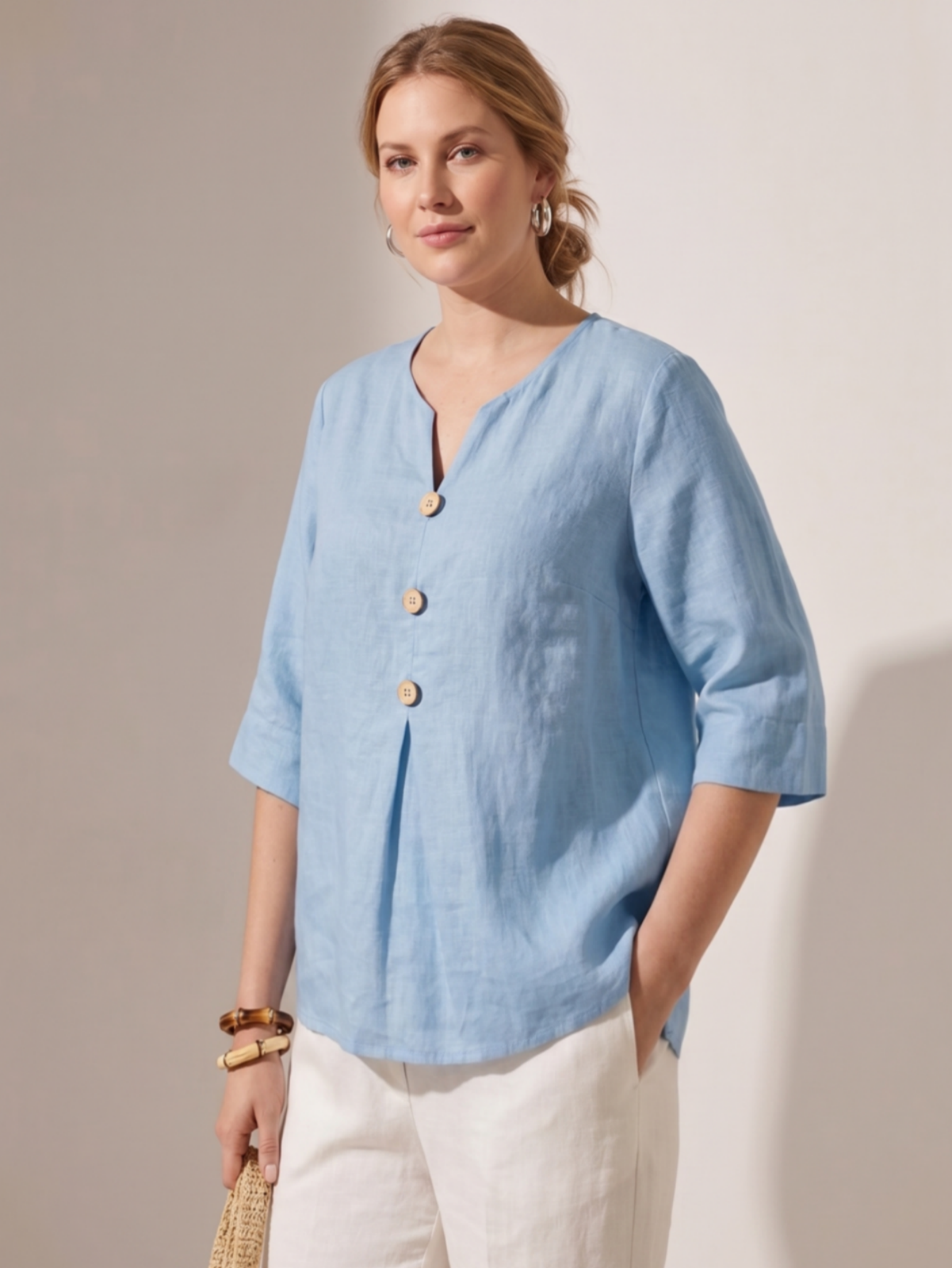 Larui Women's Plus-Size Linen V-Neck 3/4 Sleeve Top