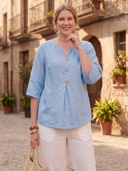 Larui Women's Plus-Size Linen V-Neck 3/4 Sleeve Top