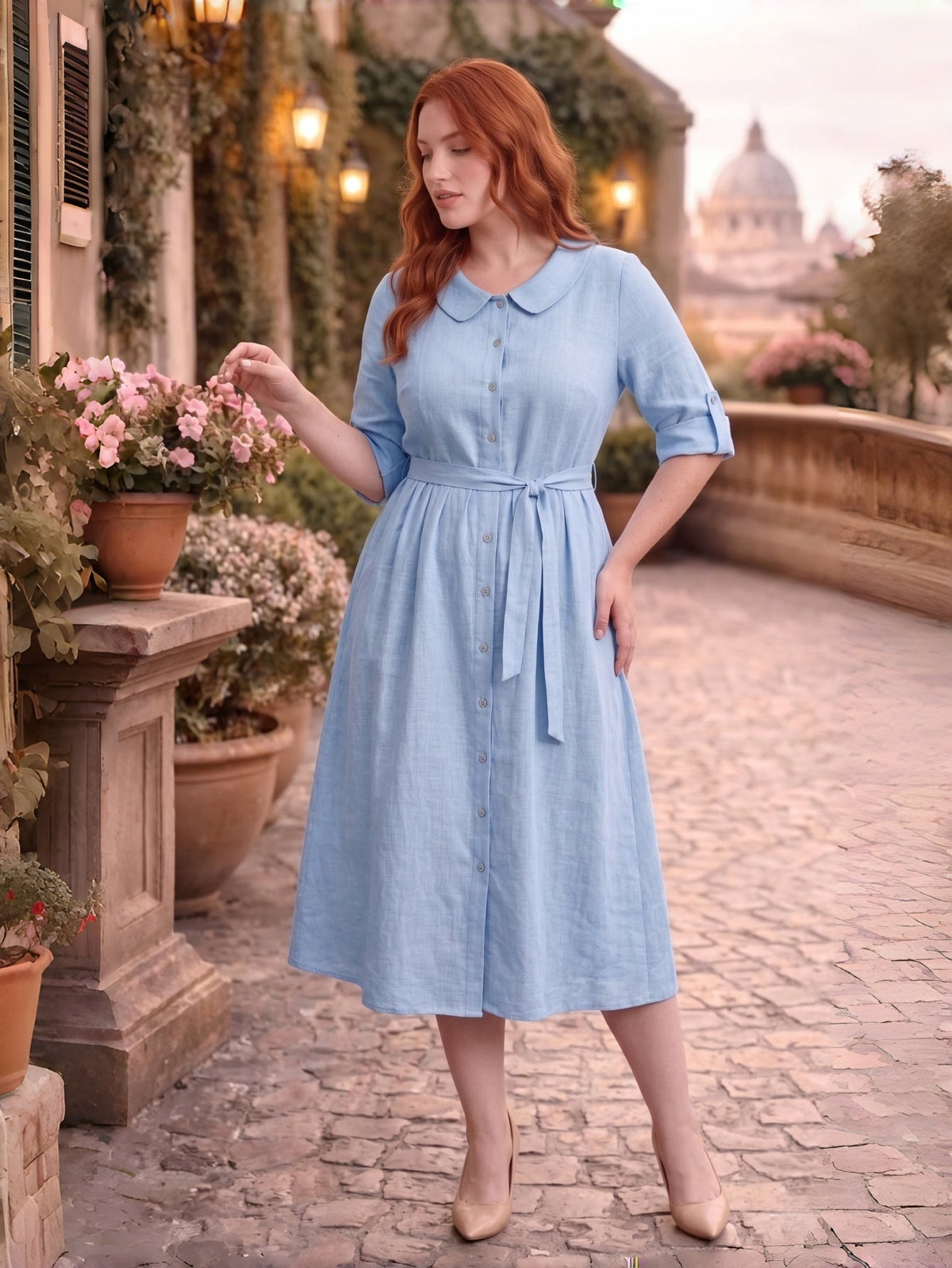 Larui Plus-Size Women's Linen Dress with Peter Pan Collar