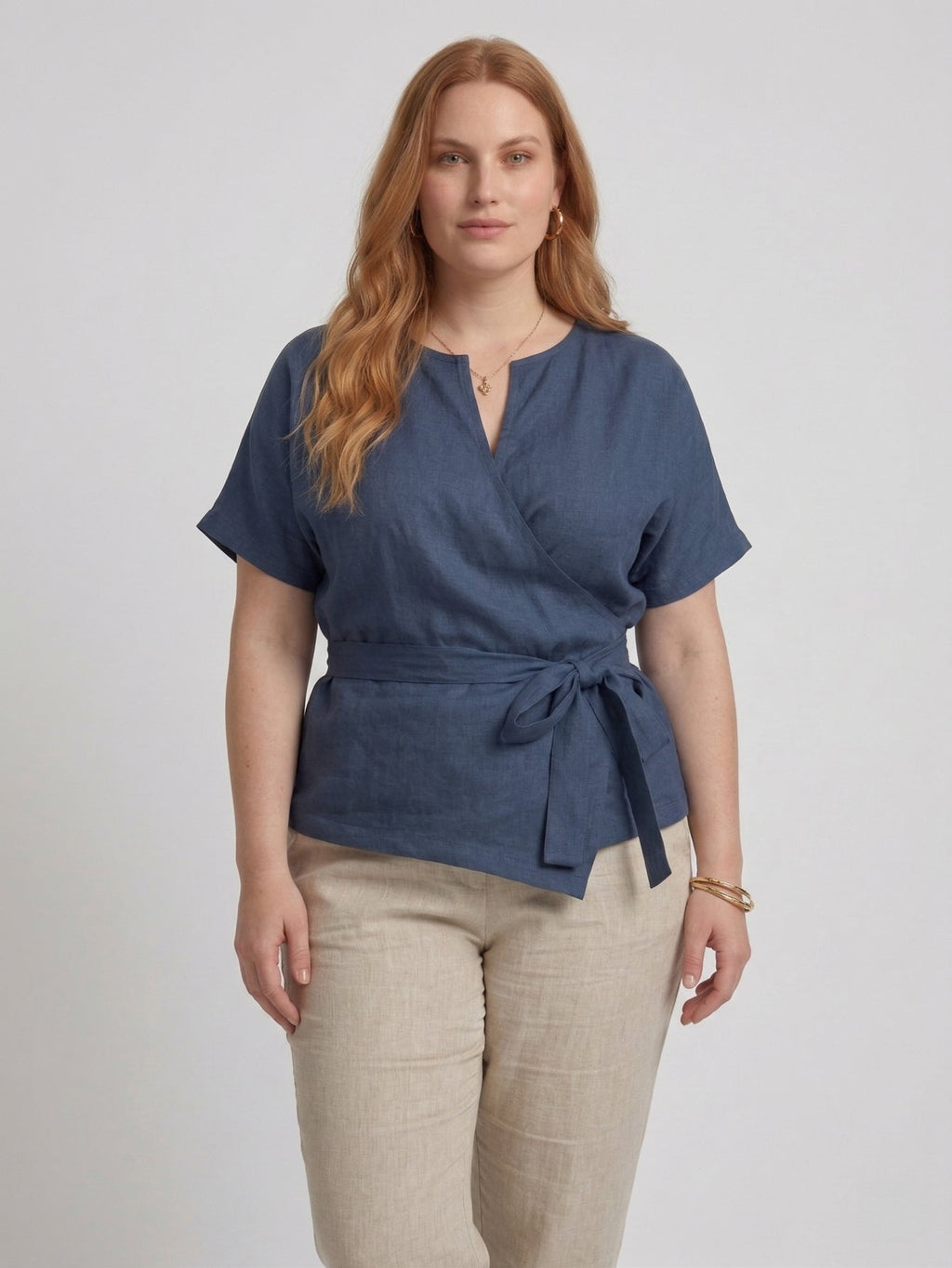 Larui Plus Size Women's Linen Short Sleeves Blouse With Belted