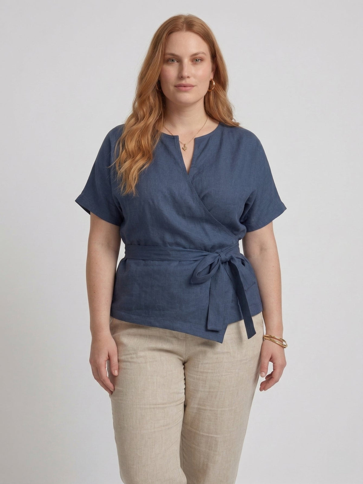 Larui Plus Size Women's Linen Short Sleeves Blouse With Belted
