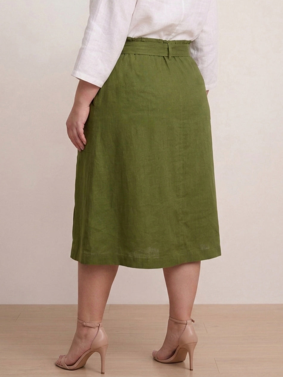 Larui Plus Size Women's Linen Pocket Midi Skirt With Belted