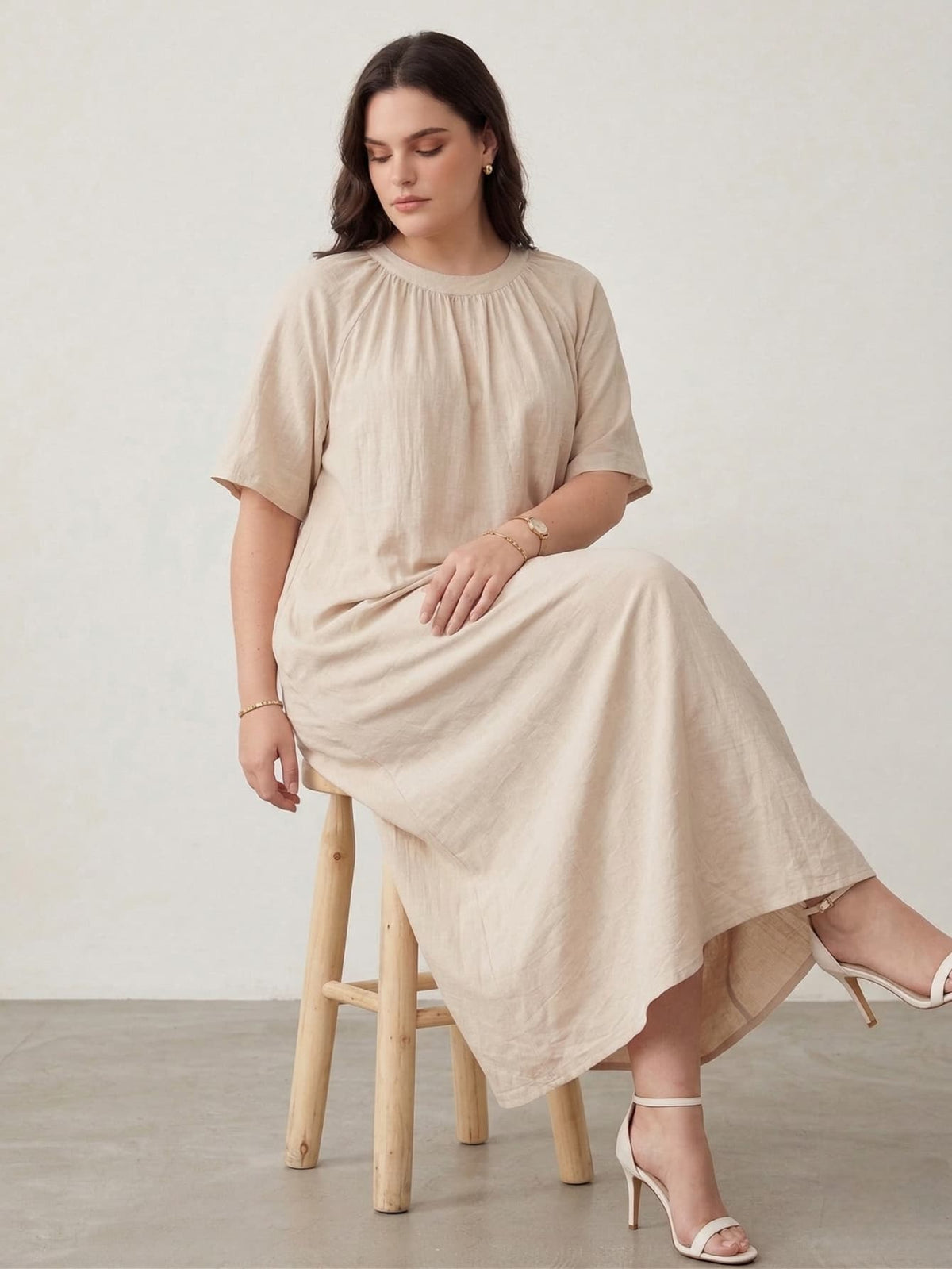 Larui Plus Size Women's Linen Short Sleeves Dress