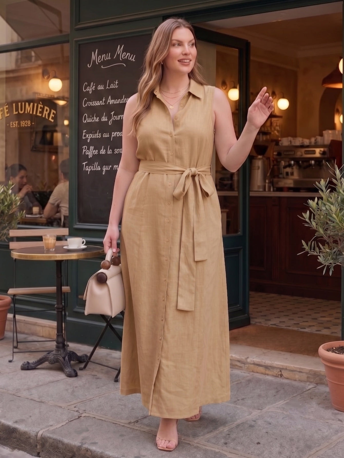 Larui Plus Size Women's Sleeveless Collared Linen Dress with Belt