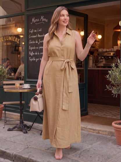 Larui Plus Size Women's Sleeveless Collared Linen Dress with Belt