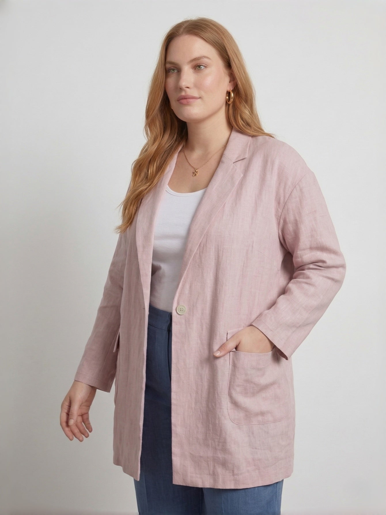 Larui Plus Size Women's Linen Pocket Blazer