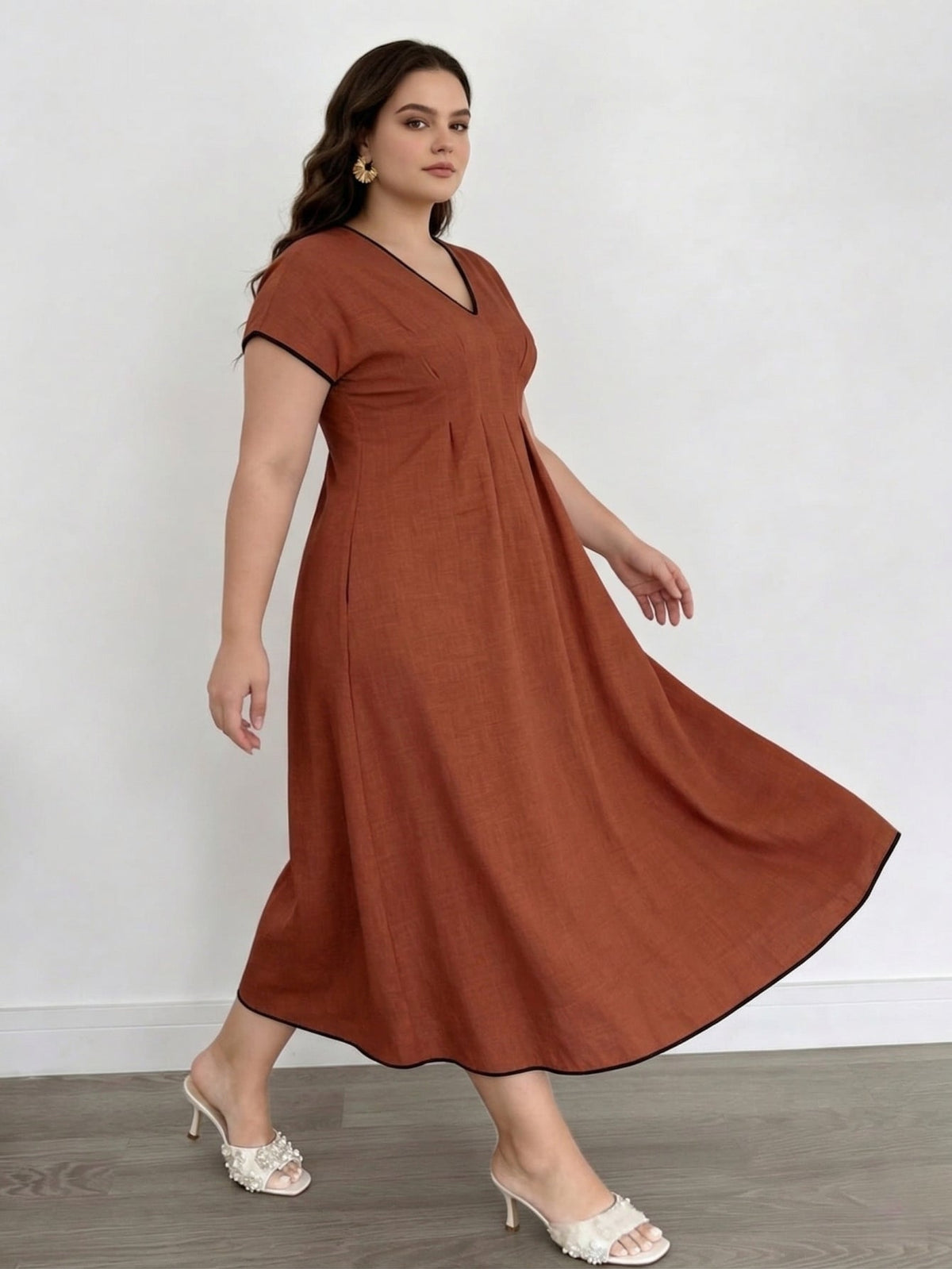 Larui Plus Size Women's Linen V-Neck Dress