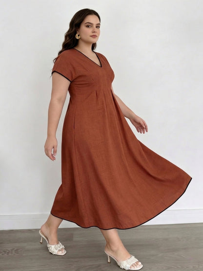 Larui Plus Size Women's Linen V-Neck Dress