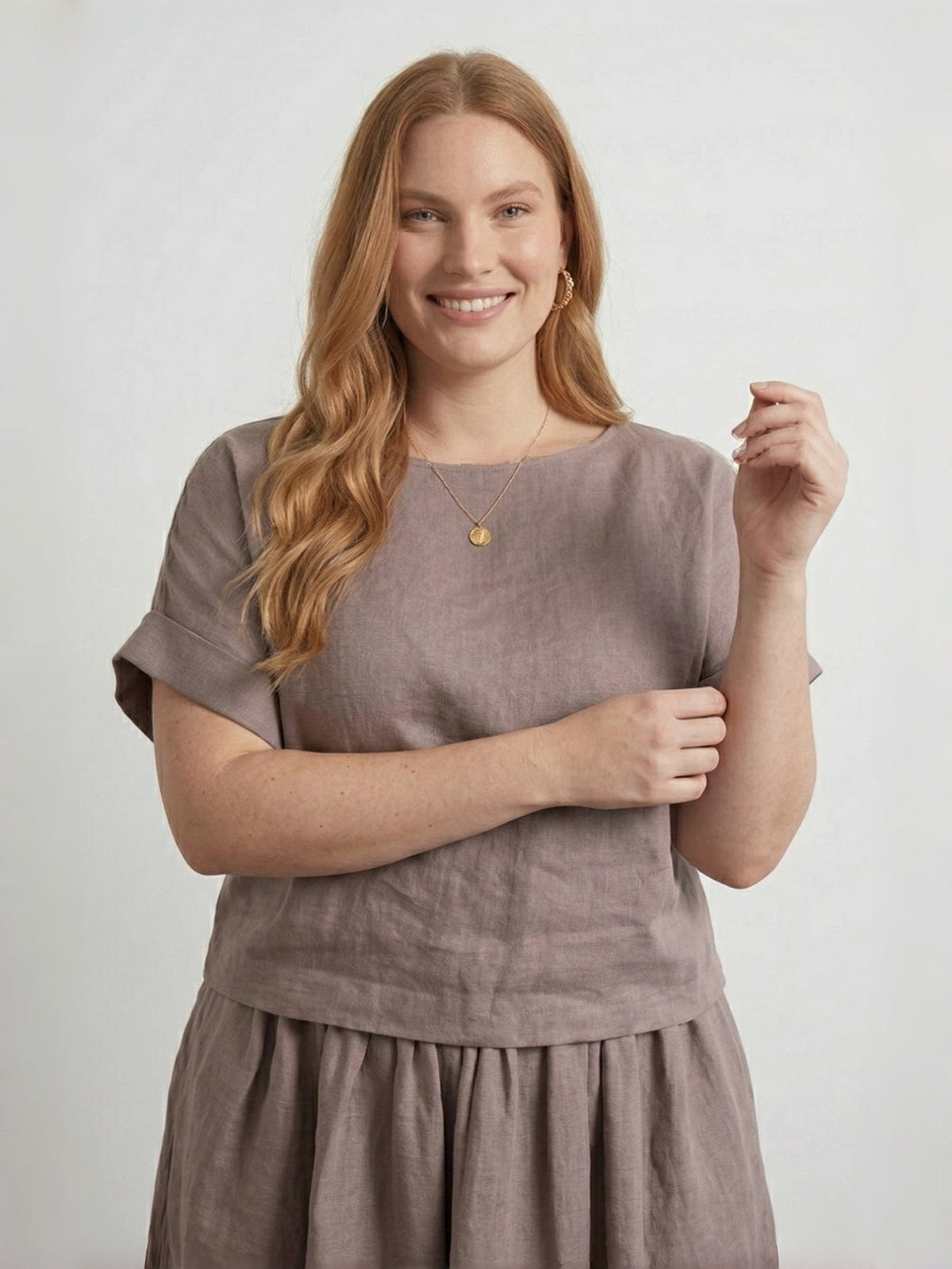 Larui Plus Size Women's Linen Short Sleeves Blouse And Skirt 2Pcs Sets