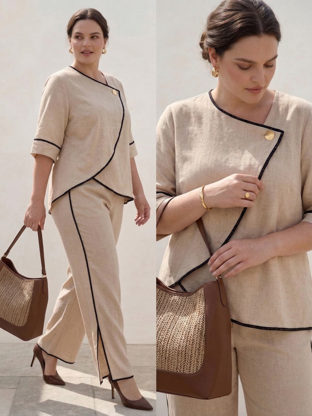 Larui Plus Size Women's Linen Blouse and Pants 2Pcs Sets
