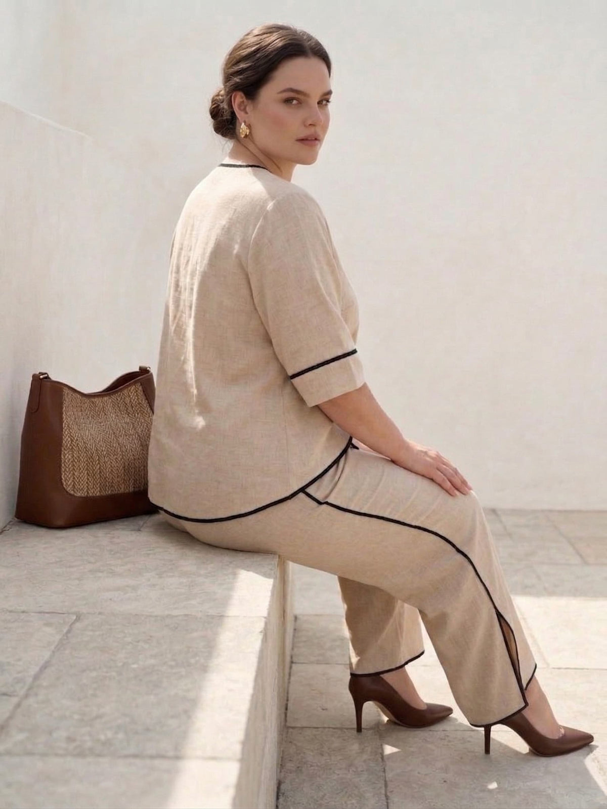 Larui Plus Size Women's Linen Blouse and Pants 2Pcs Sets