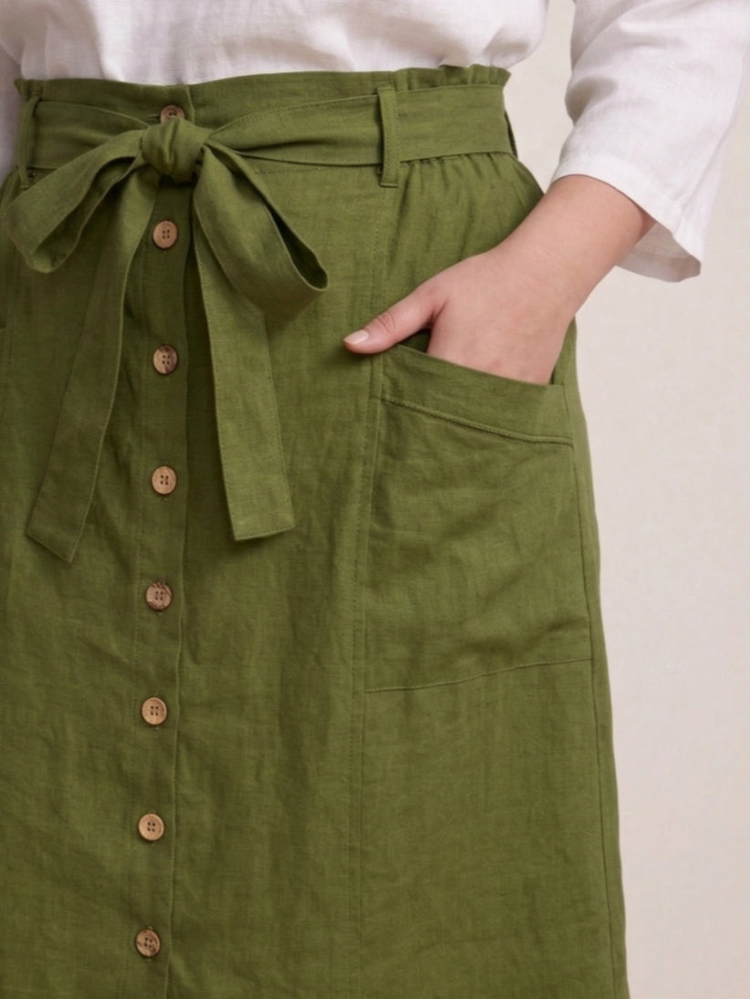 Larui Plus Size Women's Linen Pocket Midi Skirt With Belted