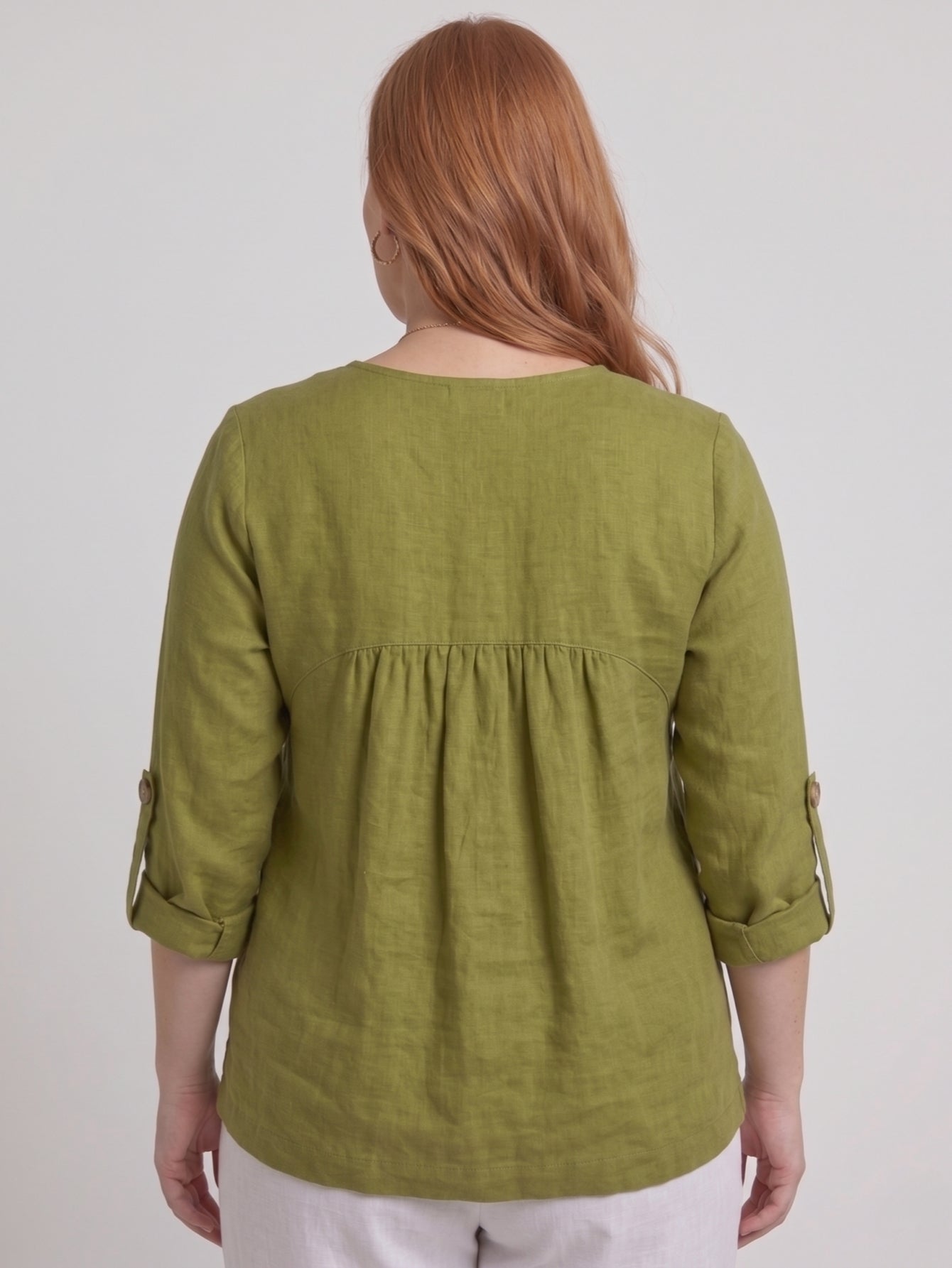 Larui Plus Size Women's Linen  V-Neck Pleated Blouse