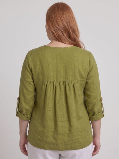 Larui Plus Size Women's Linen  V-Neck Pleated Blouse