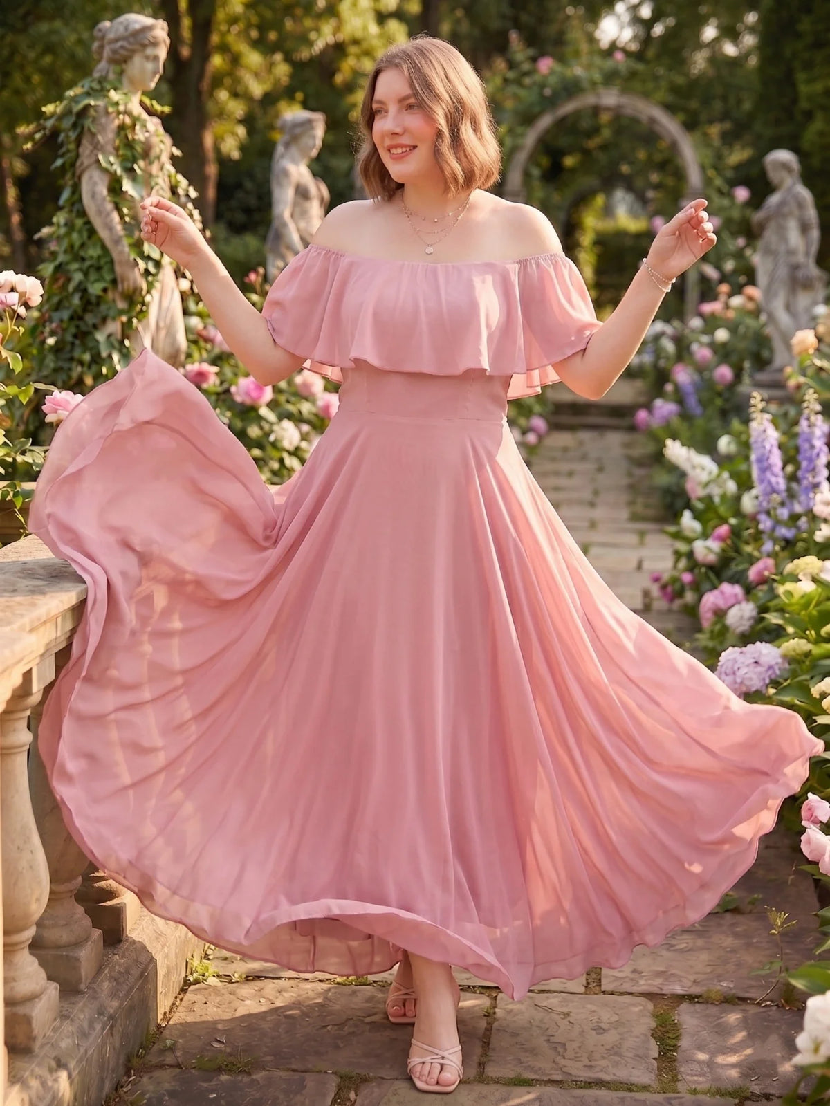 Larui Plus-Size Elegant Off-Shoulder Chiffon Dress