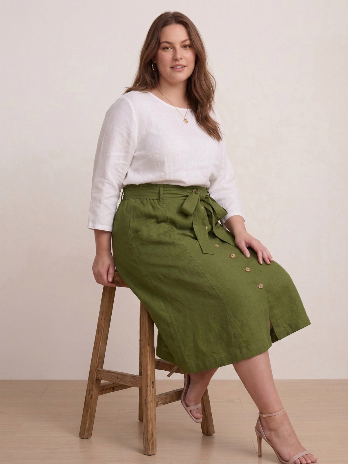 Larui Plus Size Women's Linen Pocket Midi Skirt With Belted