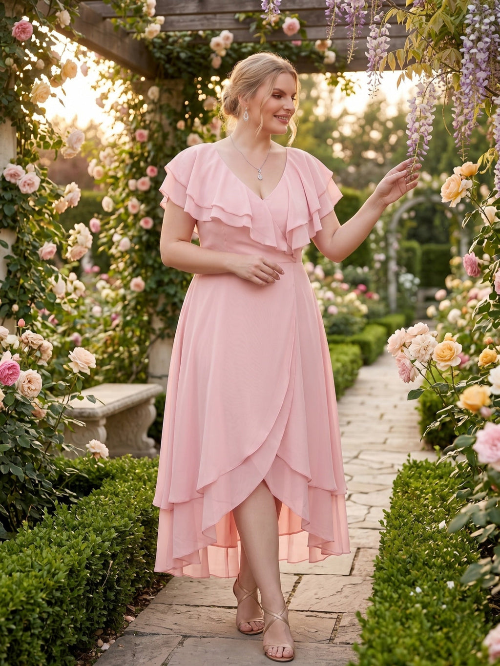 Larui Plus Size Women's Ruffle Sleeve Chiffon Dress