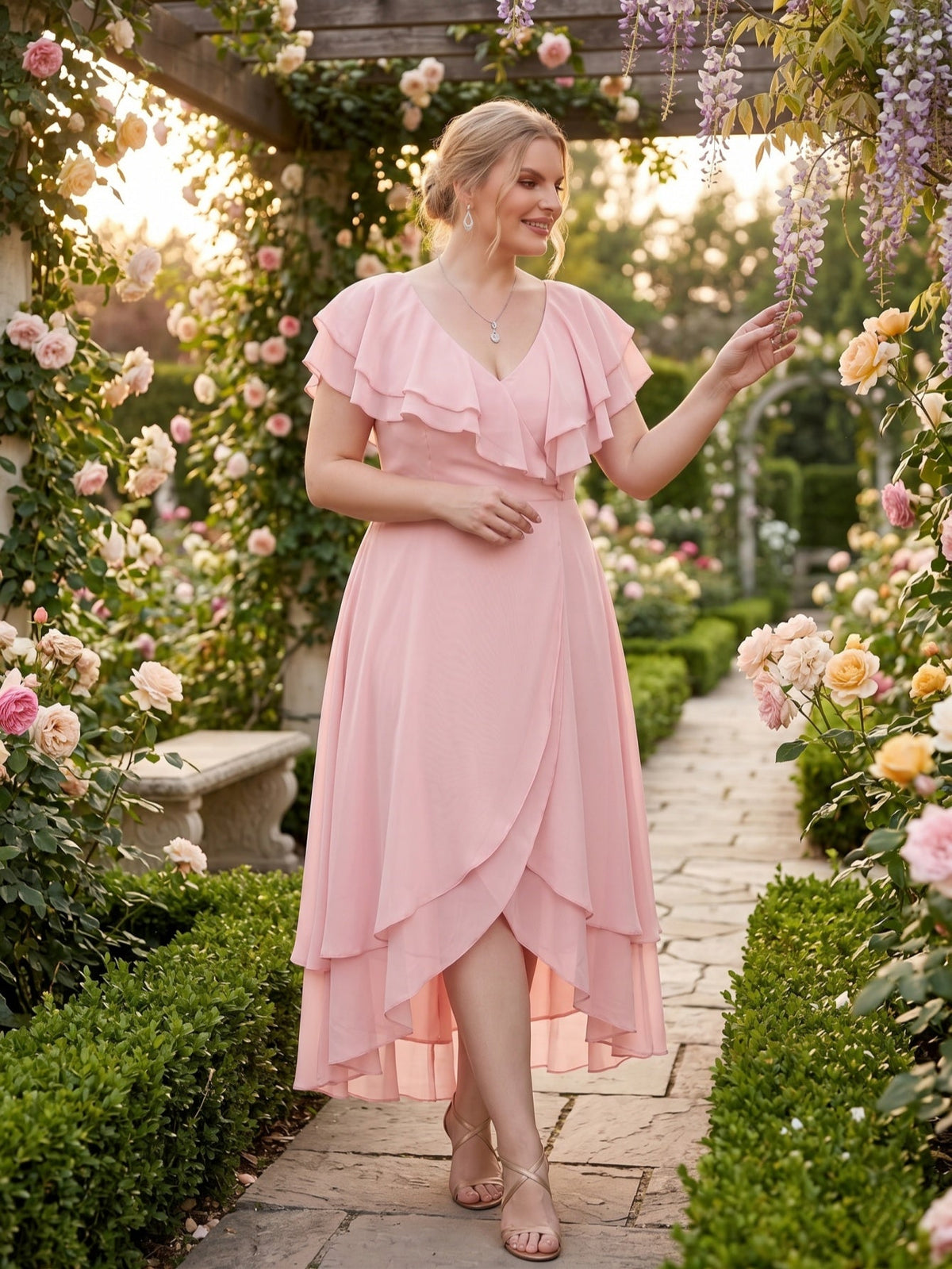 Larui Plus Size Women's Ruffle Sleeve Chiffon Dress